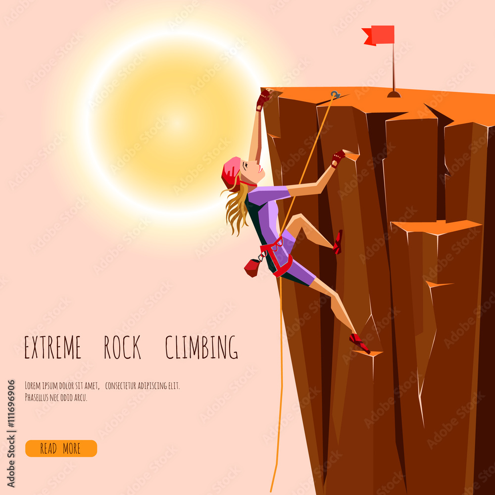 Rock Climbing girl on a huge rock. Sunset background. Extreme sport in cartoon style. Vector Illustration Stock Vector | Adobe Stock Rock Climbing girl on a huge rock. Sunset background. Extreme sport in cartoon style. Vector Illustration Stock Vector | Adobe Stock