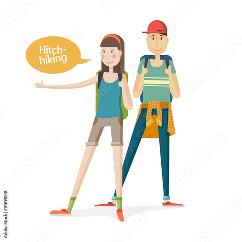 Two young people Couple tourists. Couple hitchhiking. Young people with backpacks with a finger up. Girl and boy hitchhiking in a cartoon flat. Hitchhiker traveling with backpack. Isolated. Vector