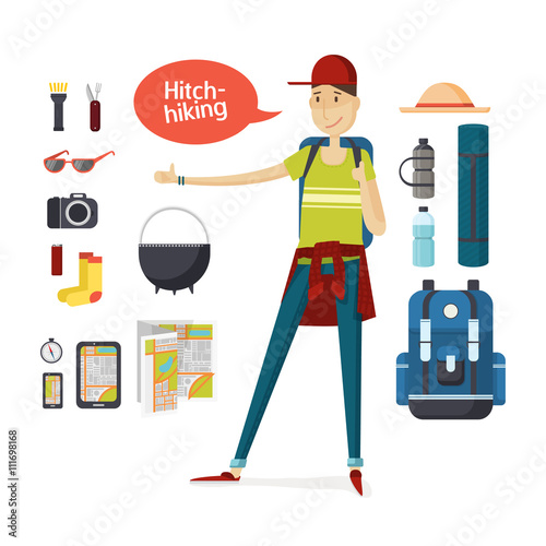 Traveler with big backpack hiking and travel gear in a cartoon style flat. Boy hitchhiking. Young man hitchhiking deals, tourism, hiking, travel. Set of camping equipment and travel. Vector