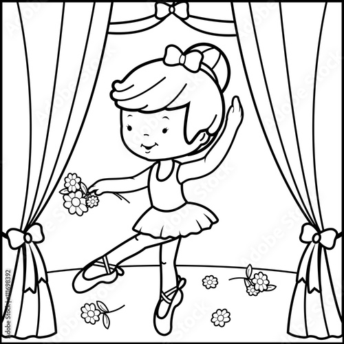 Cute ballerina dancer girl, dancing on the stage. Vector black and white coloring page