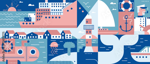 Sea lifestyle port and city background