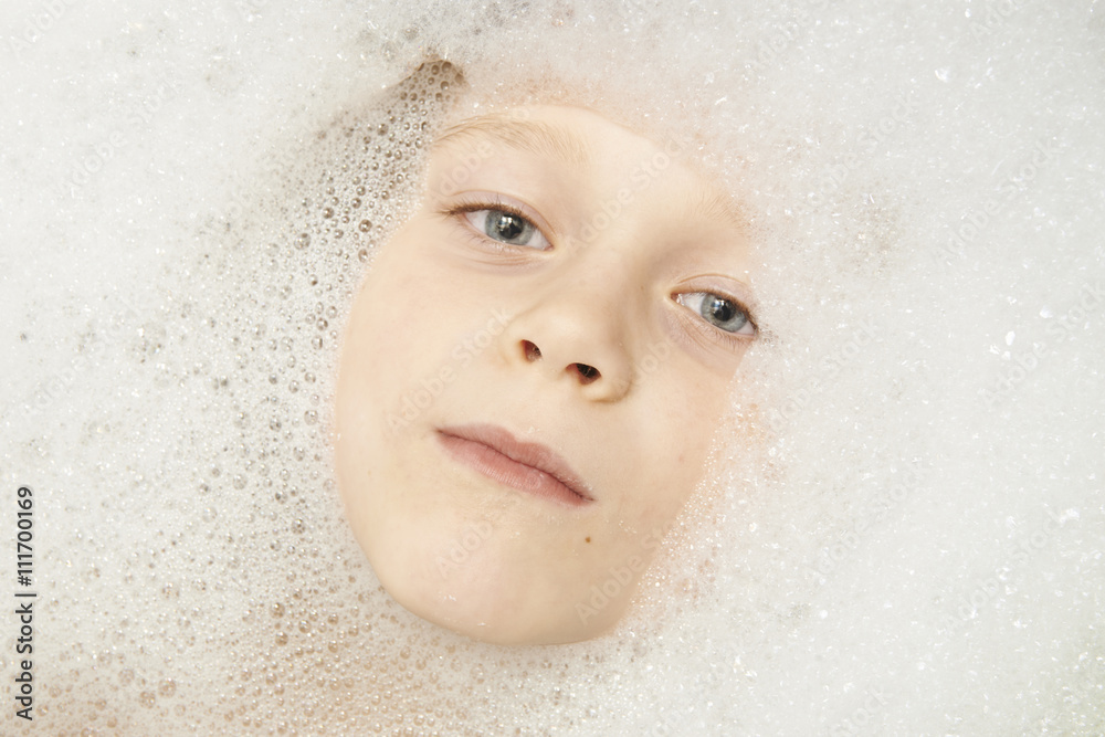 Cute little boy in bathroom with foam. Making funny faces Cute little boy in bathroom with foam. Making funny faces