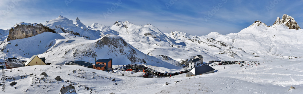 Panorama of Pourtalet mountain pass in winter in Pyrenees