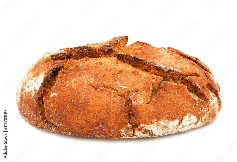 Freshly baked loaf of traditional round rye bread isolated on white background. Design element for bakery product label, catalog print, web use.