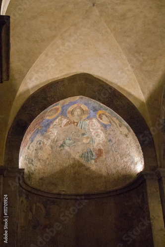 Church interior with Crusader-era frescoes fragment in The Benedictine monastery in Abu Ghosh,built by the Crusaders in 1140. photo