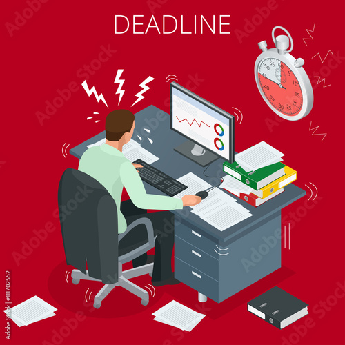 Project deadline. Concept of overworked man. Man has burned out on his workplace because of many tasks and deadlines. Flat 3d vector isometric illustration.