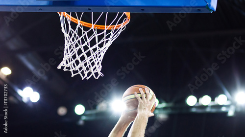 Basketball going through the hoop at a sports arena