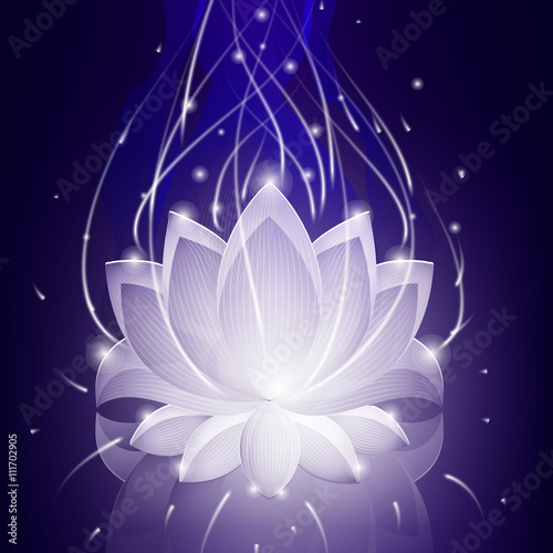 Blue glossy lotus on neon abstract background