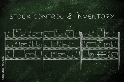 warehouse shelves with products in boxes, stock control & invent photo