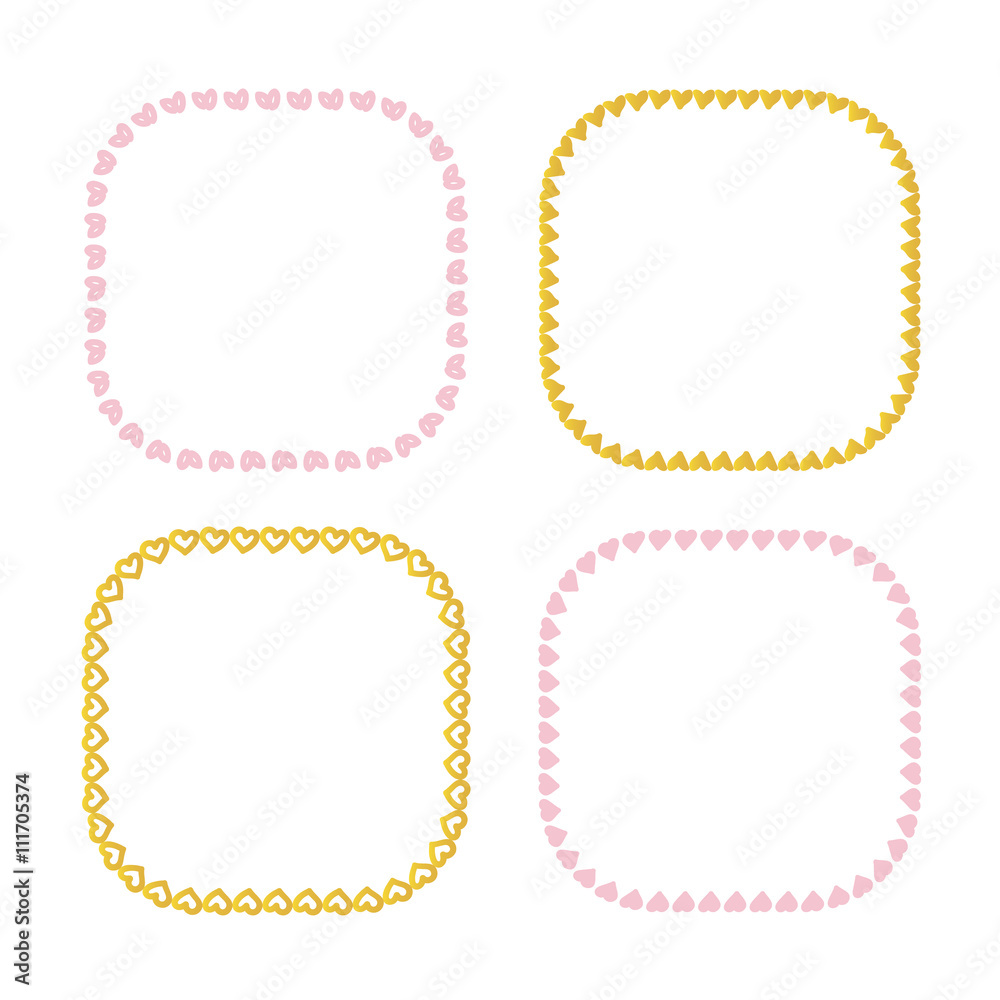 Cute pink and gold set of hand drawn heart frames isolated on white background.