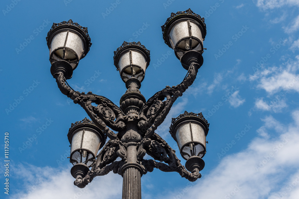 Ornate iron lamp post at Arriaga Plaza, Bilbao, spain