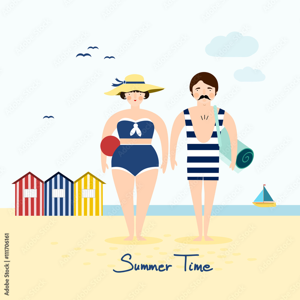Retro couple on the beach, summer greeting card, vector illustration, flat design