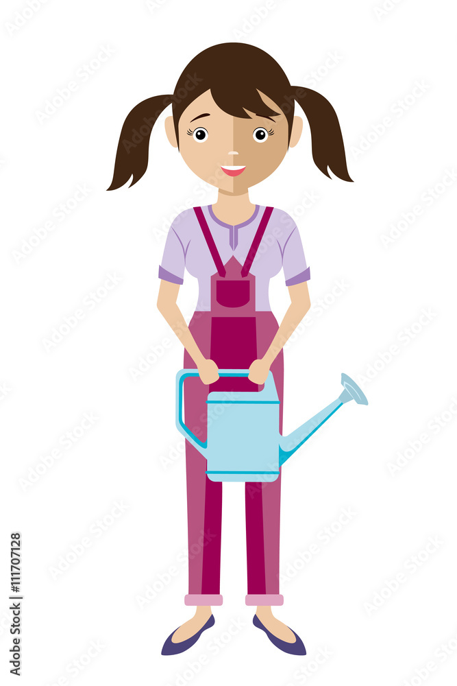 Girl in working clothes with a watering can in his hands Girl in working clothes with a watering can in his hands