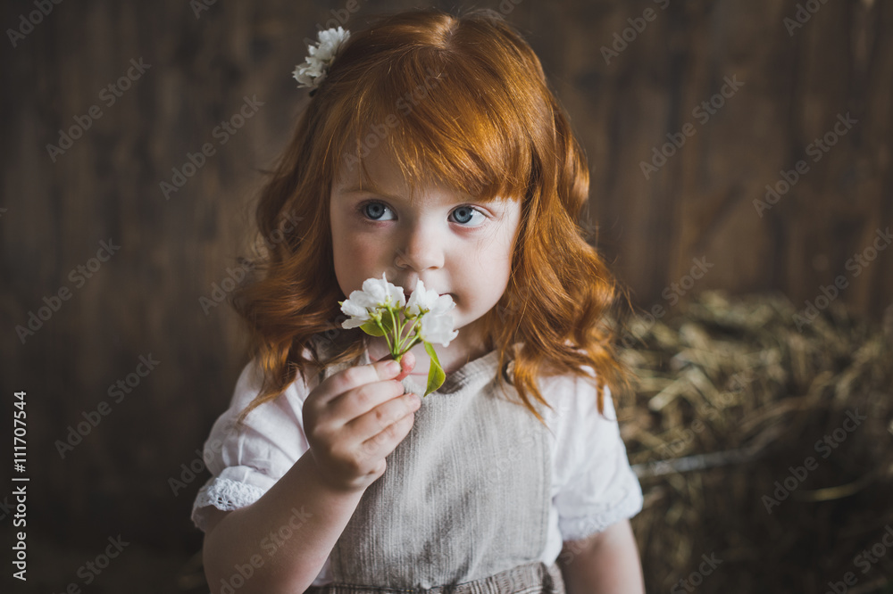 Close-up portrait of little girl with red hair and flower 6144. Close-up portrait of little girl with red hair and flower 6144.