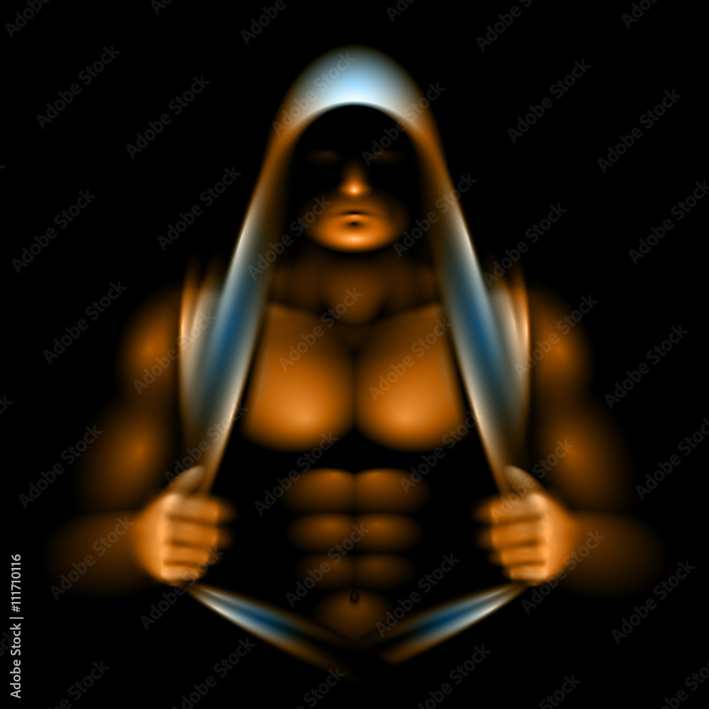 Athlete opened torso and looking out from under the hood; the incident light is illuminates the relief of muscles; No meshes only gradients; Eps10 Athlete opened torso and looking out from under the hood; the incident light is illuminates the relief of muscles; No meshes only gradients; Eps10