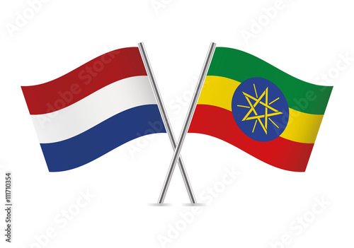 Netherlands and Ethiopian flags. Vector illustration.