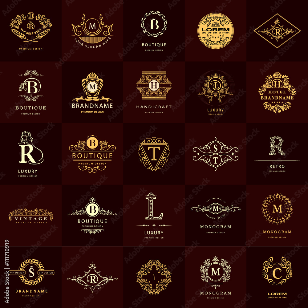 Line graphics monogram. Vintage Logos Design Templates Set. Business sign Letter emblem. Vector logotypes elements collection, Icons Symbols, Retro Labels, Badges, Silhouettes. Premium Collection