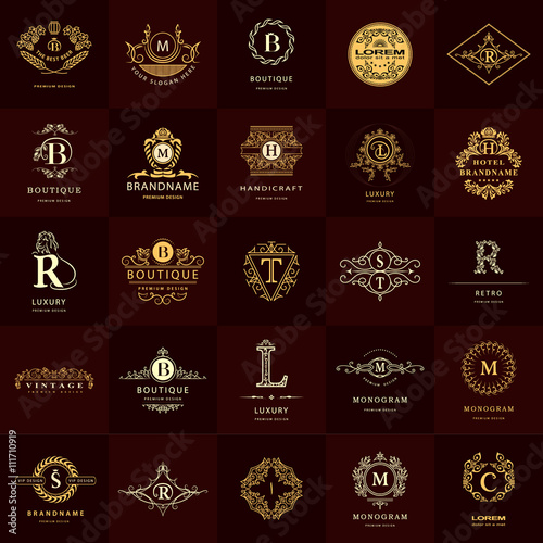 Line graphics monogram. Vintage Logos Design Templates Set. Business sign Letter emblem. Vector logotypes elements collection, Icons Symbols, Retro Labels, Badges, Silhouettes. Premium Collection