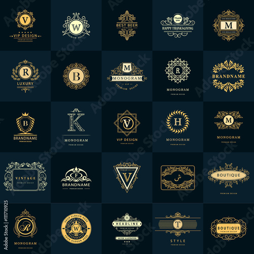 Line graphics monogram. Vintage Logos Design Templates Set. Business sign Letter emblem. Vector logotypes elements collection, Icons Symbols, Retro Labels, Badges, Silhouettes. Premium Collection