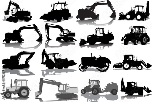 Vector set from silhouettes of 16 tractors