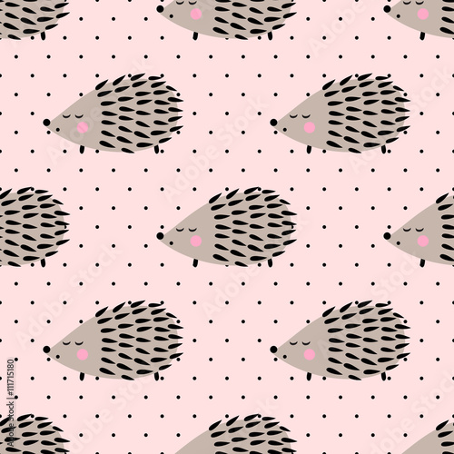 Hedgehog seamless pattern on pink polka dots background. Cute cartoon baby animal background. Child drawing style hedgehog illustration. Design for fabric and decor.