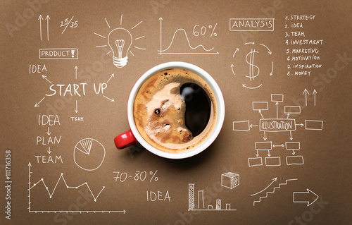 Fotografie Cup of coffee and drawing business strategy