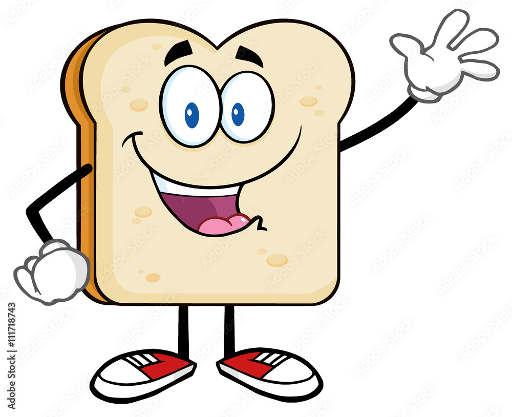 Cute Bread Slice Cartoon Character Waving For Greeting Cute Bread Slice Cartoon Character Waving For Greeting