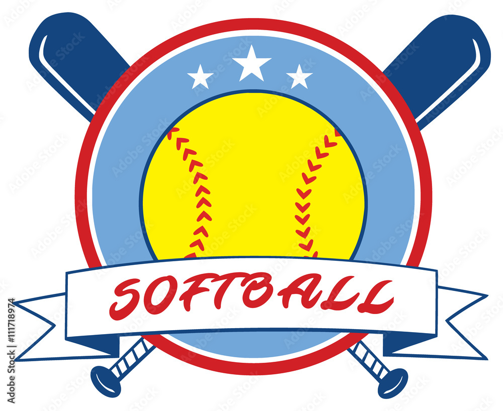 Yellow Softball Over Crossed Bats Logo Design Label. Illustration