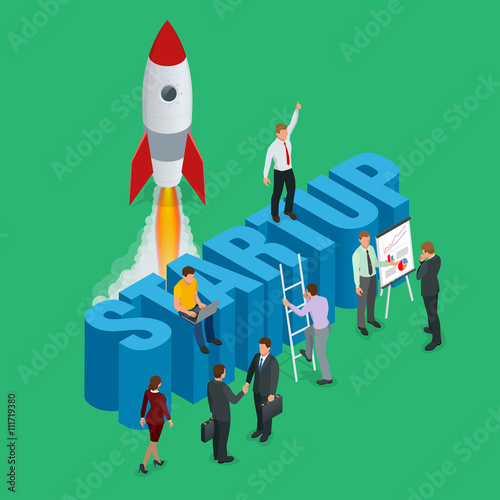 Startup flat 3d isometric style technology business concept web infographics vector illustration. Team working on spaceship launch start up and big word. Creative people collection