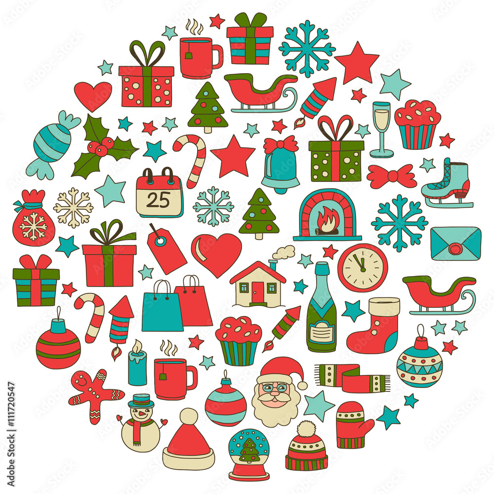 Fototapeta premium Doodle wektorowe ikony Wesołych Świąt i szczęśliwego nowego roku