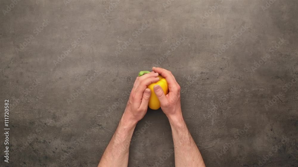 Fresh vegetables harvest. Top view on hands and vegetables on kitchen desk. Stop motion animation