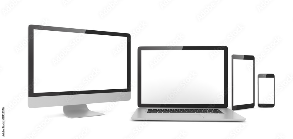 Responsive web design, laptop, smartphone, tablet, computer, display. 3d rendering. Responsive web design, laptop, smartphone, tablet, computer, display. 3d rendering.