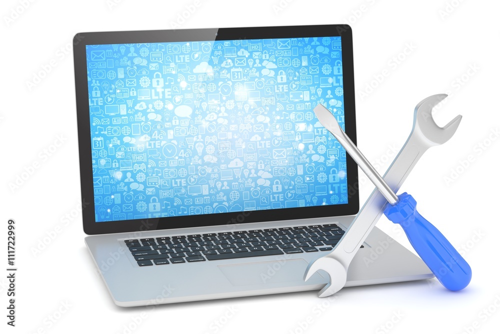 3D Illustration Wrench and screwdriver on laptop, service concept