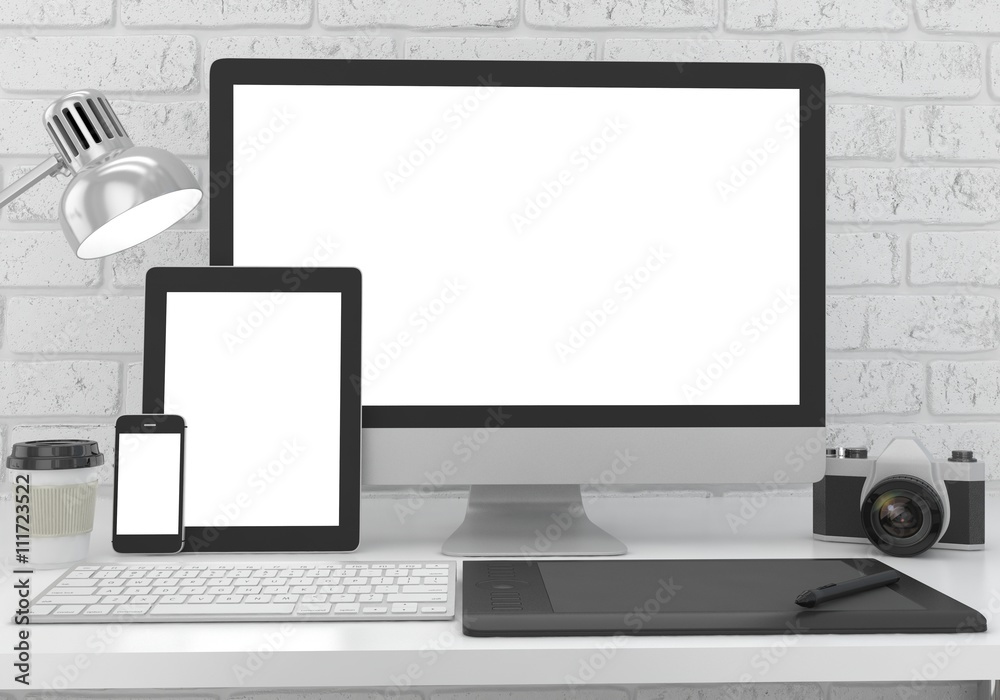 Fototapeta premium Responsive mockup screen. Monitor, tablet, phone on table in office. 3d rendering.
