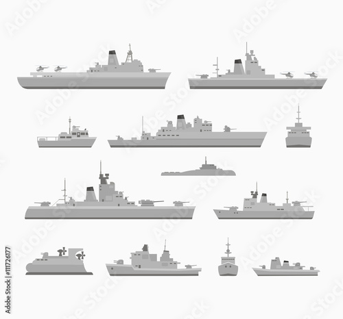 A set of silhouettes of warships for design and creativity