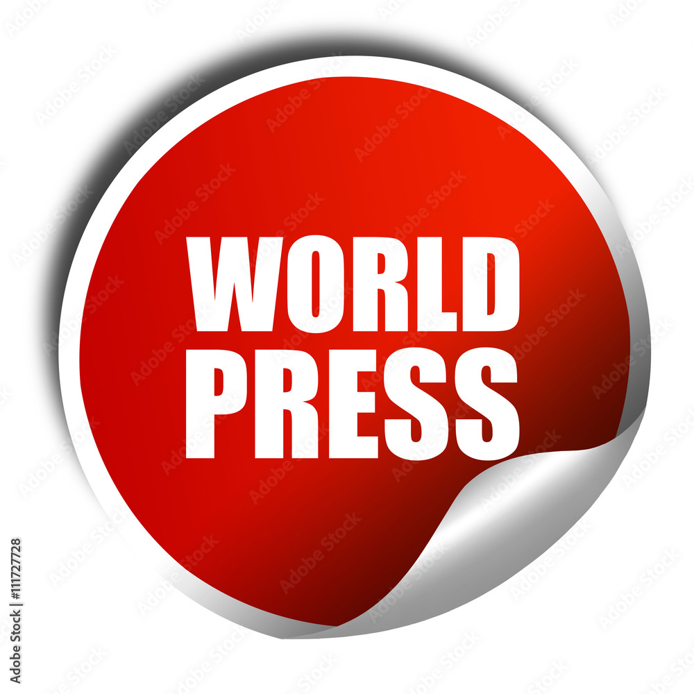 world press, 3D rendering, a red shiny sticker