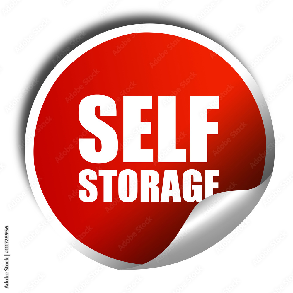 self storage, 3D rendering, a red shiny sticker self storage, 3D rendering, a red shiny sticker