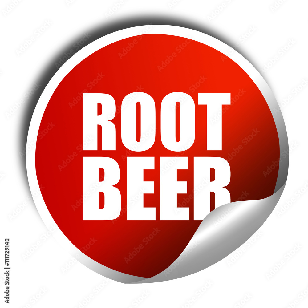root beer, 3D rendering, a red shiny sticker root beer, 3D rendering, a red shiny sticker