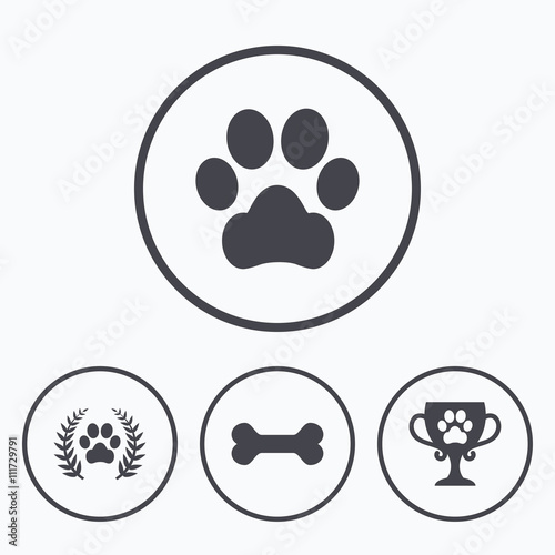 Pets icons. Dog paw sign. Winner laurel wreath.