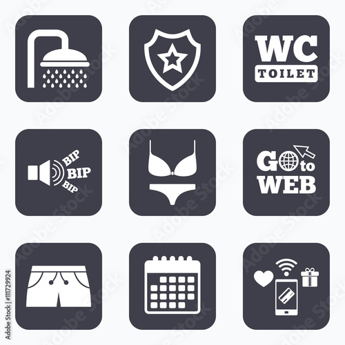 Swimming pool icons. Shower and swimwear signs.