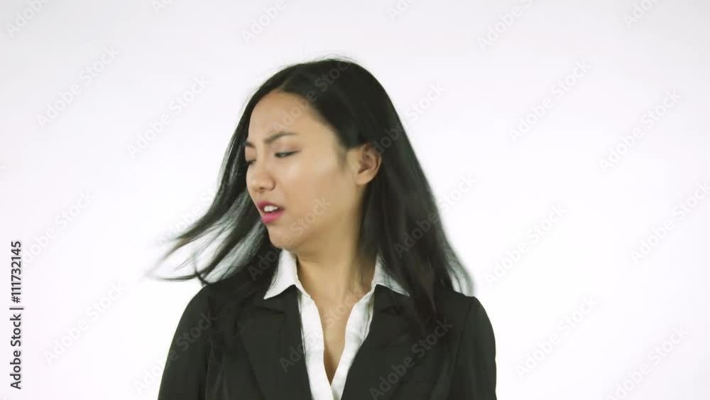 4k asian business woman cut out isolated on white background looking left and right than making a choice 4k asian business woman cut out isolated on white background looking left and right than making a choice