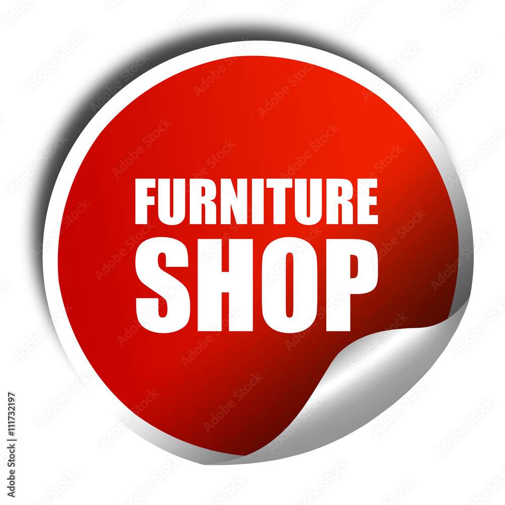 furniture shop, 3D rendering, a red shiny sticker furniture shop, 3D rendering, a red shiny sticker