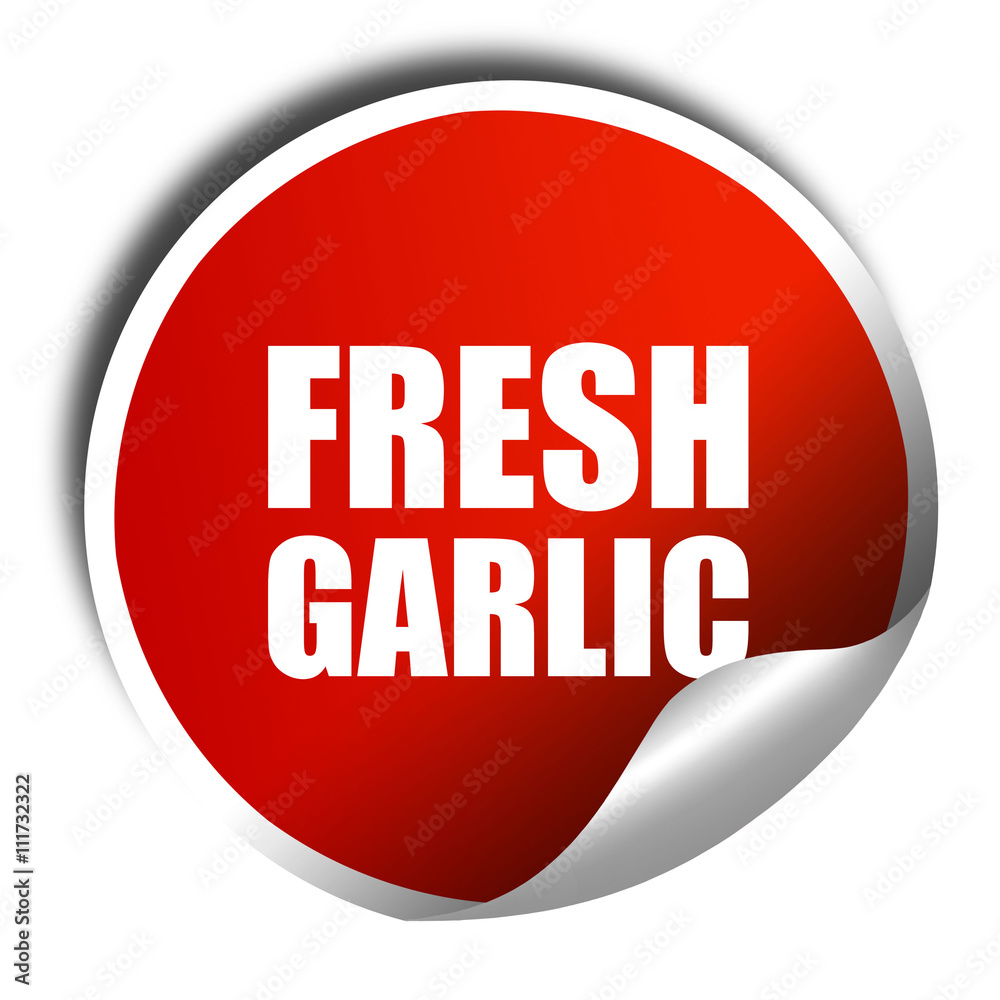 fresh garlic, 3D rendering, a red shiny sticker fresh garlic, 3D rendering, a red shiny sticker