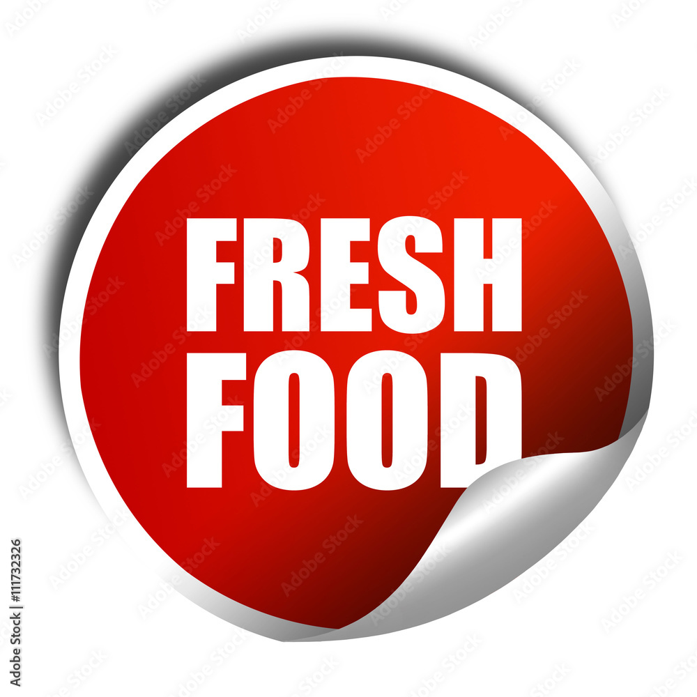 fresh food, 3D rendering, a red shiny sticker fresh food, 3D rendering, a red shiny sticker