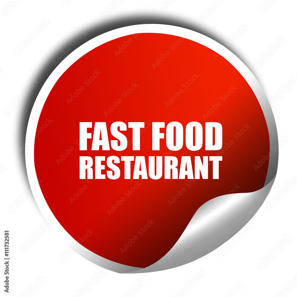 fast food restaurant, 3D rendering, a red shiny sticker fast food restaurant, 3D rendering, a red shiny sticker