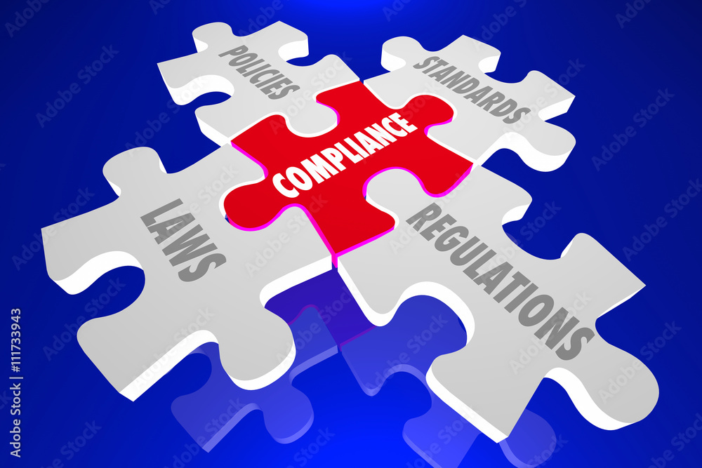 Fototapeta premium Compliance Laws Policies Regulations Puzzle Words 3d Illustratio