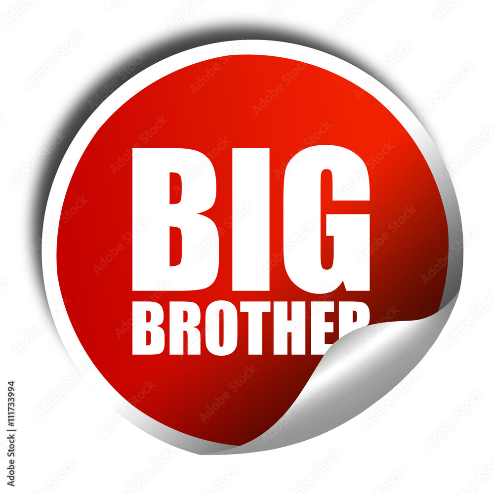 big brother, 3D rendering, a red shiny sticker big brother, 3D rendering, a red shiny sticker