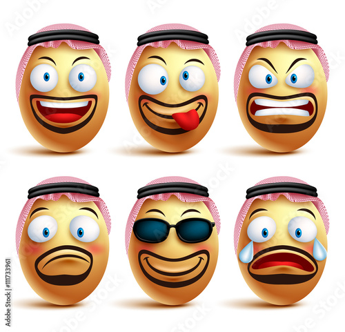 Saudi arab man egg faces set of vector wearing agal and ghutrah or head dress with facial expressions and emotions as an emoticons isolated in white background. Vector illustration
