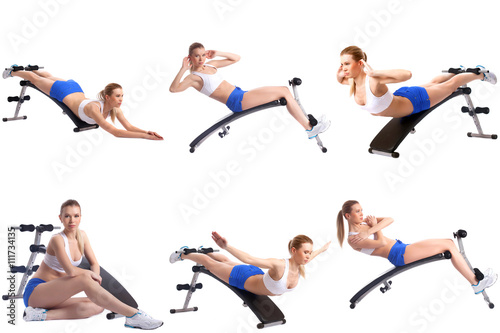 Fitness. Photo mix of girl exercising on simulator