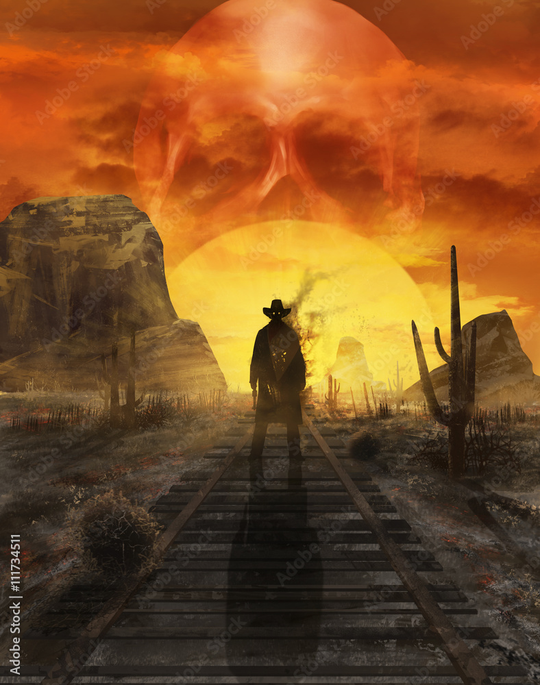 Fototapeta premium Ghost cowboy illustration. Illustration of a mystic cowboy ghost standing on a western desert railroad on a sunset with sun in skull shape.